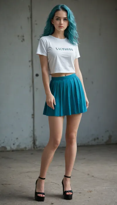 animation female character, 1girls, cyan long hair, cyan eyes, full body, standing, bare legs, white t-shirts, cyan skirts, platform heel black booties