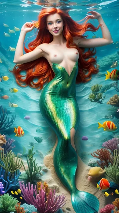 distance view of ariel the mermaid under the sea fantasy. 18yo, 3/4 view, cute, ((topless)), beautiful tits., ((Long mermaid tail)), realistic chest skin, full body view. Under the sea, under water, swimming with fish., wearing green scaly mermaid fishtail costume, red hair