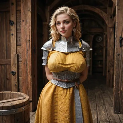 Blonde girl, German medieval knight, big breasts, wide hips, chainmail armor, yellow tunic, tunic over breasts, side breast, captured by Arabs, hands tied behind back, displayed on wooden platform, for sale, slave auction, Istanbul bazaar, high price, detailed background
