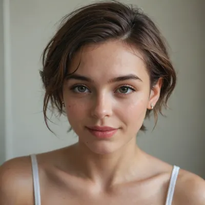 portrait of a beautiful girl, 18 yo, instagram model, sexy, thin, indian, messy pixie haircut, (red-brown hair), perfect eyes, (matte skin details), innocent, (shy, smile), masterpiece, hyperrealistic photo, best quality, detailed, skin, blemish, <lora:add-detail-xl:2>, (skin spots), (makeup)