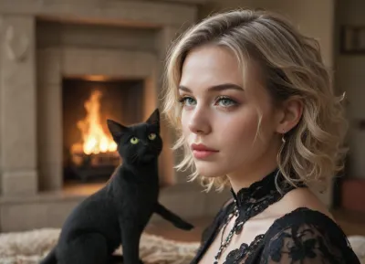 Black cat near fireplace