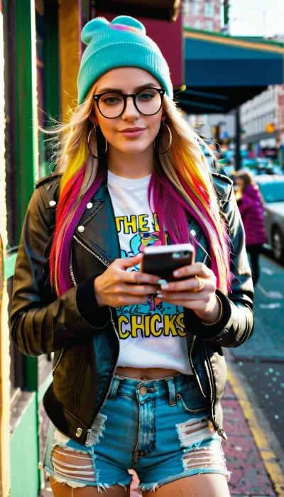 The image shows a young happiness woman with long, straight, four colours hair styled with a subtle wave at the ends wearing beanie hats, She has hipster chicks makeup, Large and city design glasses, Light smile, Her complexion is fair, and she has an annoyed expression.
Her outfit consists a pastel cotton long "blondie" band print t-shirt, cotton jacket and tights very ripped jeans shorts giving it a glamorous, edgy vibe, naked body., (((She accessorizes with large hoop earrings and holds a smartphone in her hand with a colorful))), comic-inspired phone case featuring bold designs and bright colors like red, yellow, green, and blue on a black background. The setting is a hipster cafe with pastel tiled walls. The picture shows the whole body. Fujifilm XT3, analog style, professional DSLR photograph, morning sun in window, natural morning lighting, masterpiece, highest quality, RAW image, hipster, city chicks