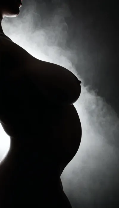 Image of a pregnant woman with big breasts, black and white, macro, silhouette, curvy body, big breasts, sexy . Dark background creating the impression of fog. lov light. distance, Split, Lighting, style, realistic proportion, ultra realistic, <lora:Split Lighting style v2:.5>