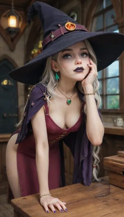 (((bent over all the way on counter:1.9))), ((left elbow on countertop, left hand on cheek, right elbow on table:1.2)), (witch cottage scene, dusk:1.8), ((Slender girl, high cheek bones, toned face, average breasts, cleavage, big round ass, wide hips, slim waist, pale skin, toned arms)), (very long hair, single hair braid to side, white hair, wavy hair:1.2), (very long pointed fingernails, dark purple fingernails), (Purple eyes, very long eyelashes, minimal eyeshadow, beauty mark under eye), (seductive lips, soft lips, black lipstick), (glowing green necklace, glowing green earrings, many rings, many bracelets), (bored look, blank stare, bored), (fully clothed, short black dress, leg slit, Pointy witch hat with very wide brim), (very tight red corset:1.2), (feather lined cloak:1.8)