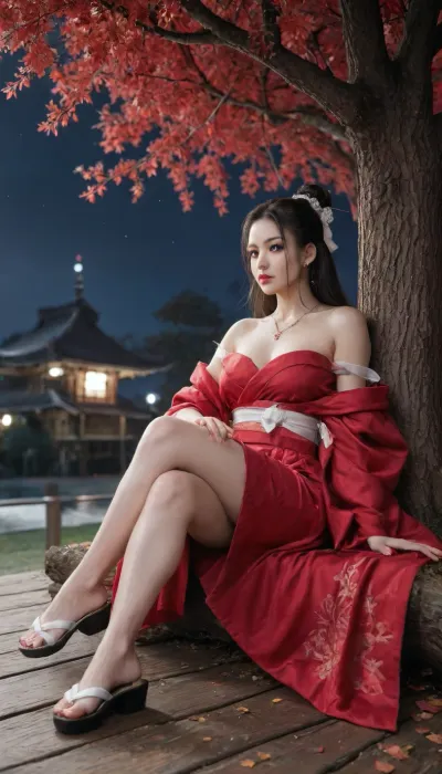 (((sitting under a huge Sakura tree, moonlit night))), Sakura tree, shimmering water, moonlight, (Elegant dark red kimono, Traditional Japanese sandals, white ribbons, bare shoulders), (Hair pinned up, fancy wooden hair pin, long hair, jet black hair), (soft skin, pale skin, plump lips, pink lipstick), (long eyelashes, pink eyeshadow), large gold necklaces, leaning back, legs crossed, lollipop in mouth, close up view