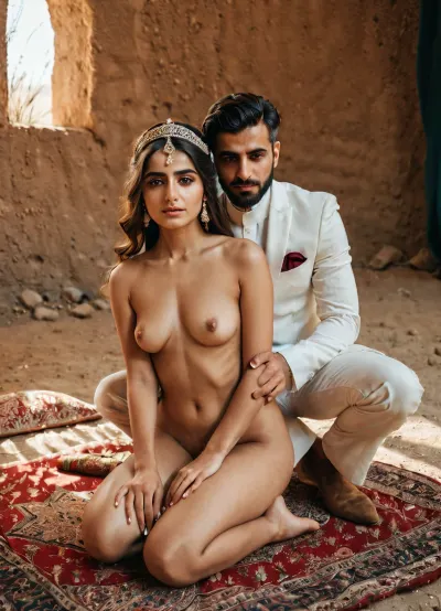 18 years old Gen z Iranian naked bride sitting on the ground, and the groom standing near to her.