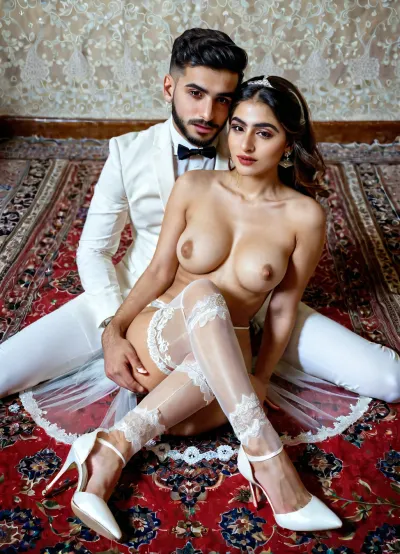 naked 18 years old Gen z Iranian naked bride sitting on the ground, white transparent stockings, white high heels, and white tranparent gloves, white lace gag ball in her month, and the groom standing near to her.