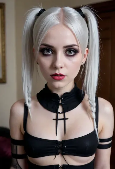 Goth girl, emo girl, beautiful face, white hair, (goth clothes), (goth makeup), full body, perky breasts, skinny, slender, (((cum on face:1.3))), (sharp features), (pigtails), (cum leaking from pussy:1.2)
