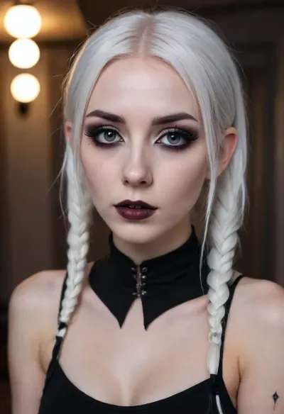 Goth girl, emo girl, beautiful face, white hair, (goth clothes), (goth makeup), full body, perky breasts, skinny, slender, (cum on face:1.3), (sharp features), (pigtails), (cum leaking from pussy:1.2)