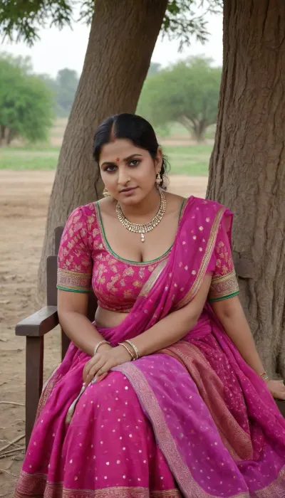 very gorgeous indian milf busty thick figure married rajasthani wife wearing a indian gorgeous blouse and ghagra sitting on a chair near a tree in a indian rajasthani village home fields, sweating