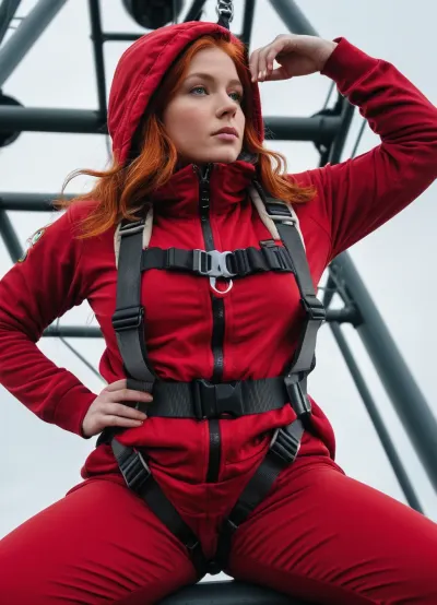 (Parachute harness with very many straps:1.2), full torso view from up close and behind, standing on top of a radio tower, ypung slightly chubby redhead wearing fluffy grey sweat pants and warm hoodie with hood up, (her body strapped in racing safety harness with many big puffy dark red straps:1.2), best quality, perfect lighting, ultra high skin detail