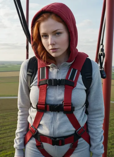 (Parachute harness with very many straps), full torso view from up close and behind, standing on top of a radio tower, ypung slightly chubby redhead wearing fluffy grey sweat pants and warm hoodie with hood up, her body strapped in racing safety harness with many big puffy dark red straps, best quality, perfect lighting, ultra high skin detail
