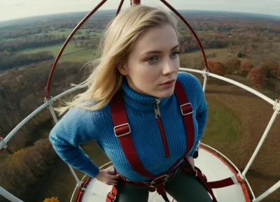 (Nylon Parachute harness with many wide puffy dark red straps), hips closeup view, view from above, 20 year old slightly chubby blonde strapped in a parachute harness, (wearing a blue thick irish wool turtleneck sweater), standing on top of a radio tower, best quality, perfect lighting, ultra high detail