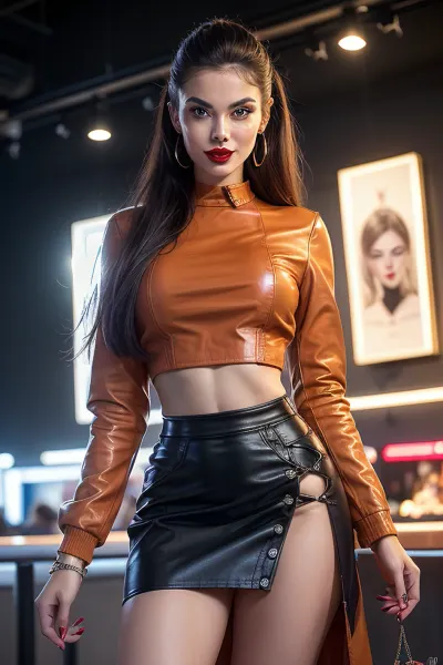 woman, ((scandinavian young 21yo adult)), fair skin, cheeky smile, ((high detailed skin)), ((skirt)), high quality, detailed skin texture, (highly detailed hair), sharp body, highly detailed body, ((skinny body)), (slim body:1.3), (orange shirt, leather coat), ((slender body)), (full body on frame), (realistic), pussy, ((messy hair like she just got fucked)), insanely detailed, highest quality, (red lipstick), eyeliner, blue eyeshadow, (makeup), pony tail, night club, beautiful pussy, ((perfect pussy)), beautiful hand