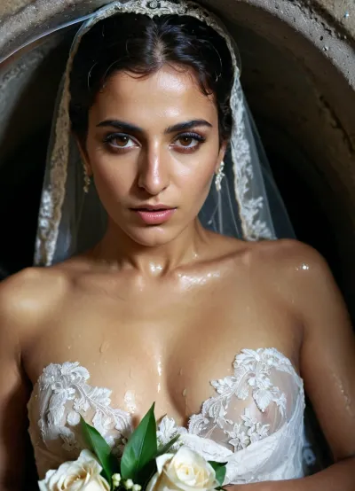 Iranian naked bride girl in a short, thin, lace wedding dress Fucked and tired, wet and dirty, nasty, dirty, lying in the sewer with the bride's bouquet, Wedding dress with an open chest, without hijab, with full makeup.