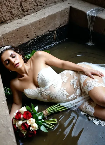 Iranian naked bride girl in a short, thin, lace wedding dress Fucked and tired, wet and dirty, nasty, dirty, lying in the sewer with the bride's bouquet, Wedding dress with an open chest, without hijab, with full makeup.