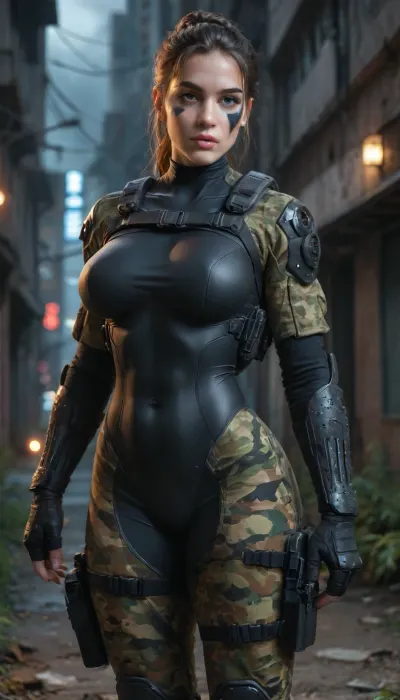((Skin tight futuristic armored suit)), combat armor, combat suit, cyber armor, (Holstered rifle), 3/4 view, camo accents, hair tied back, squinting eyes, (lush lips, large breasts, firm rear, large thighs, flat stomach, camo face paint), front view, ruined cityscape at night, building debris, explosion, one leg up