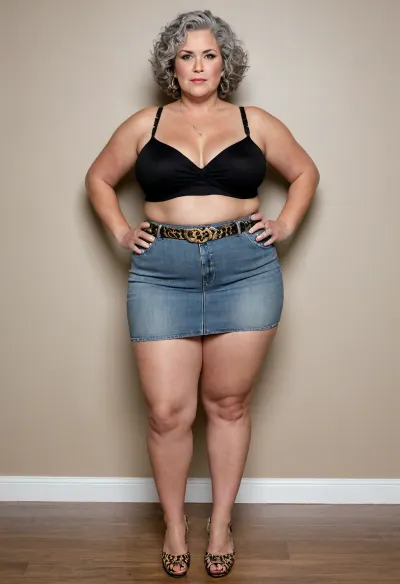 70-year very fat old pear-shaped woman with small saggy breasts, very wide hips, and an enormous ass. BBW. Standing in short jean miniskirt, standing sideways, facing the camera. Gold chain belt, Jewelry and leopard print open-toe high heels. No shirt or bra, no top, (short curly gray hair)