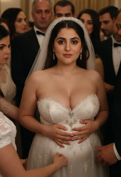 A plump Iranian woman with extremely fair skin, wearing a dress similar to a wedding dress, but with her chest completely open and her breasts protruding, and the guests are all rubbing the bride's breasts.