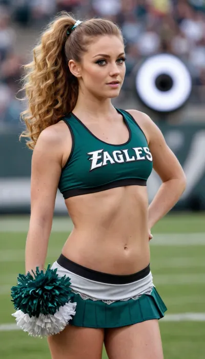 Philadelphia Eagles football cheerleader on field, dark green and silver uniform with the word "EAGLES", with big silver cheerleading pom pom, very sexy skirt, seeing lace panties, can see panties, very long ginger curly ponytail hair, bright green eyes, small breasts, game ambient, players behind her
Full body view