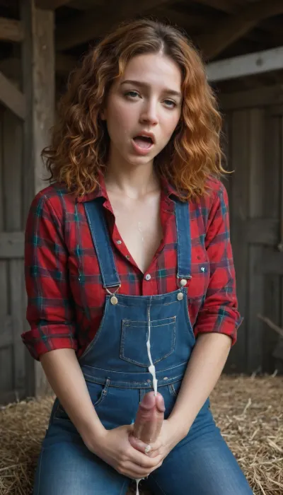 beautiful sexy slender 25 year old woman posing, (masturbating:1.4), denim overalls, flannel shirt, no makeup, hazel eyes, frizzy haircut, ginger hair, cowboy shot, farm, (perfect hands), perfect fingers, (erect penis), (futanari:1), (orgasm face:1.7), (covered in cum:1.6), <lora:MJ52_v2.0:1>