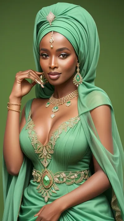 queen of Somalia, simple green background, tits out