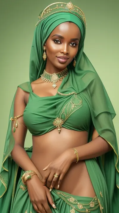 queen of Somalia, simple green background, showing her pussy