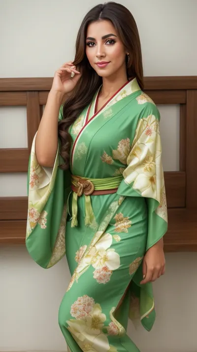 Venezuelan woman, in kimono, dress slides down shoulders, simple bakground, green eyes