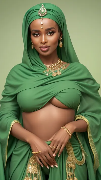 queen of Somalia, simple green background, showing her pussy