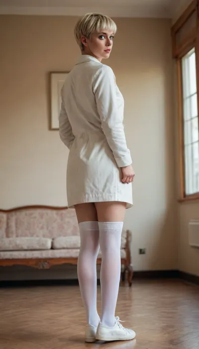 girl, (stockings:1.3), white sneakers, blonde hair, short hair, pixie hairstyle, short housecoat