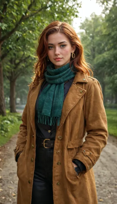 (masterpiece, best quality, highres, ultra-detailed, cinematic composition), a stunning Irish woman standing on a misty countryside road during golden hour, wearing a thick woolen coat with a high collar, a dark green scarf wrapped around her neck, and leather gloves, her long, wavy auburn hair cascading down her shoulders, vibrant emerald green eyes glowing softly in the dim light, freckles delicately scattered across her fair skin, a confident yet calm expression on her face, her posture slightly relaxed, hands tucked into the coat pockets, cold breath visible in the crisp air, soft sunlight breaking through the fog, casting a warm golden glow on her figure, rolling green hills and a distant stone cottage visible in the background, cinematic depth of field, HDR, soft natural lighting, realistic textures, film-like atmosphere.