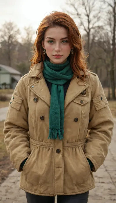 (masterpiece, best quality, highres, ultra-detailed, cinematic composition), a stunning Irish woman standing on a misty countryside road during golden hour, wearing a thick woolen coat with a high collar, a dark green scarf wrapped around her neck, and leather gloves, her long, wavy auburn hair cascading down her shoulders, vibrant emerald green eyes glowing softly in the dim light, freckles delicately scattered across her fair skin, a confident yet calm expression on her face, her posture slightly relaxed, hands tucked into the coat pockets, cold breath visible in the crisp air, soft sunlight breaking through the fog, casting a warm golden glow on her figure, rolling green hills and a distant stone cottage visible in the background, cinematic depth of field, HDR, soft natural lighting, realistic textures, film-like atmosphere.