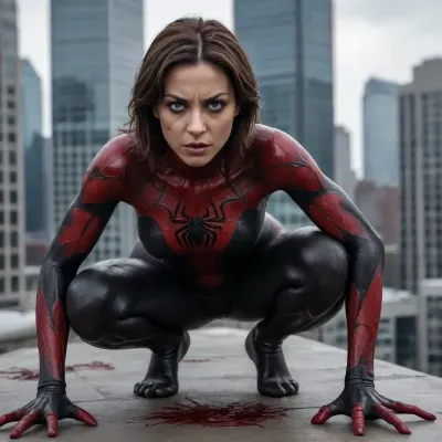 Mature brunette woman. Her body is entire covered with carnage symbiote, (black and red skin, spider shape on her chest), her hands have claws like venom, her feet have claws like venom. She is standing at the top of a building, she has four humans, (mutation), extremely detailed photo, detailed skin, detailed face. there is blood everywhere. She is on all fours, she is in pain