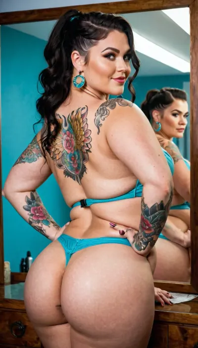 Professional photo of a stunning most beautiful black haired voluptuous viking queen, ((full back view)), bbw, thick, big ass, belly, styling her long wavy shiny hair to an ponytail, arms raised to hair, in front of a mirror wall, smiling, looking at her mirror image, slightly bent over, nude, most tattooed, many coloured tattoos, angel wings back tattoo, tramp stamp tattoo, stretch marks, saggy small tits, wide hips, broad shoulders, bubble butt, mule high heels, square face, soft skin, turquoise eyes, wide jawline, curved eyebrows, busty lips, view from behind