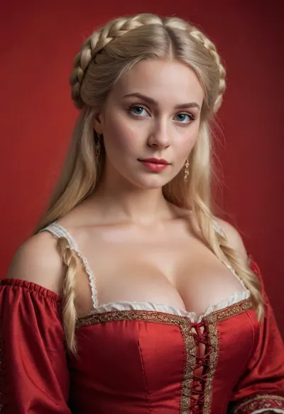 blonde, buxom, full, bbw, woman, traditional ukrainian clothes, looking at viewer, simple red background, fantasy, 1760s style, technicolor, film grain, dutch
