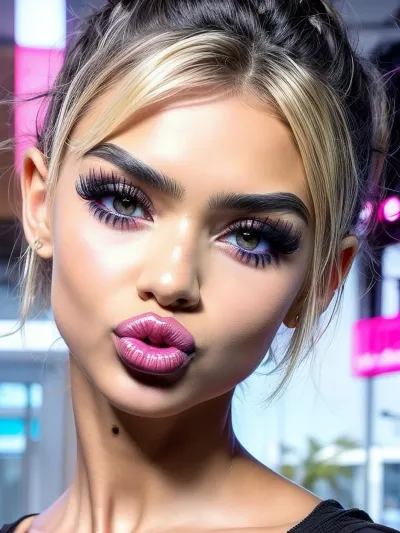 Hyperrealism, natural petite cutie, 18 years old beautiful, stunning unique female character. She has large eyes filled with joy and excitement, extravagant eyelashes, colorful short hair, disheveled hair, making this image a masterpiece of photography and digital art. Style, realistic hyper-detailed rendering, 32k UHD, expressive eyes, punk, graphic design, girl's face, pretty and cute, gleaming lips, white skin, pouting, <lora:Pouting:.7>, <lora:weight_slider_v2:-1>, <lora:age_slider_v20:.1>, <lora:more_details:.5>, <lora:r0m4nt1cg0th:.5>