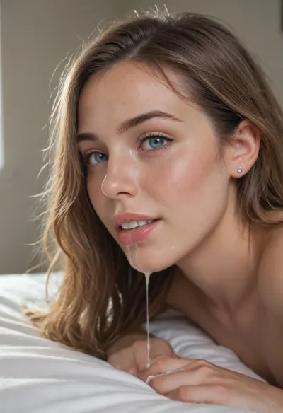 close-up of head of cute slutty woman, 19yo, laying on bed after having been used intensely, tired but happy, slight smile, happy tears in her eyes, blue and grey colored eyes, cum running out of mouth onto bed, runny clear liquid cum, realistic cum, warm light, beautiful morning, 4k, photorealistic, intricately detailed face, intricately detailed eyes, realistic face, realistic eyes, cum filled mouth, ((side view))