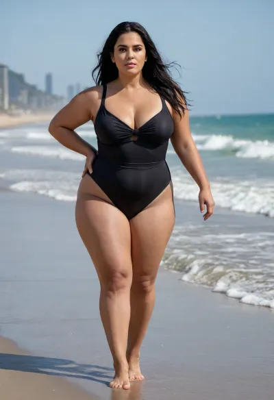 overweight brazilian woman, wears tight one-piece swimsuit, long wet black hair, at the beach, huge sagging boobs, big butt, large waist. Very detailed face, very detailed skin. she wears black ballet flat and is standing on her toes. She is walking on the beach. Her entire body is visible on the generated image