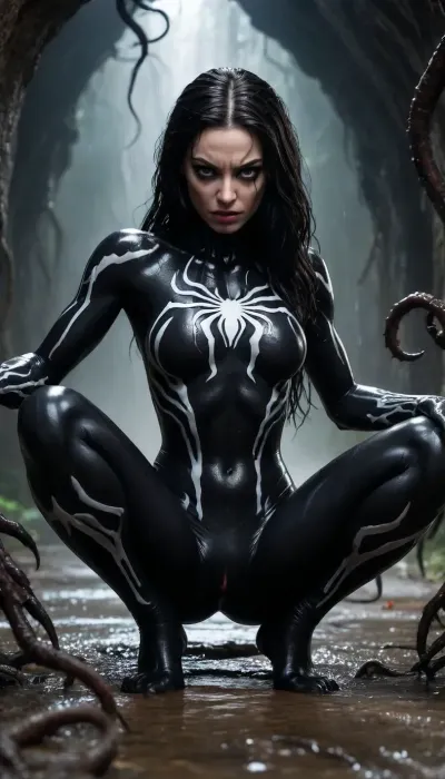black wet hair woman, evil, muscular, Her body merge with venom symbiote, (black symbiote, white spider on her chest), she is a symbiote mutant, transformed. Her eyes seem dark, with a serious look, she is in pain. Both hands have now giants and long claws. Both feets have claws. Extremely detailed photo, detailed skin, detailed face. She is in a dark cave. There are a lot of tentacles symbiotes on the ground. Her legs and feet are white. Full body shot, (entirely visible on the picture), . Open legs. She is lying on the ground.
