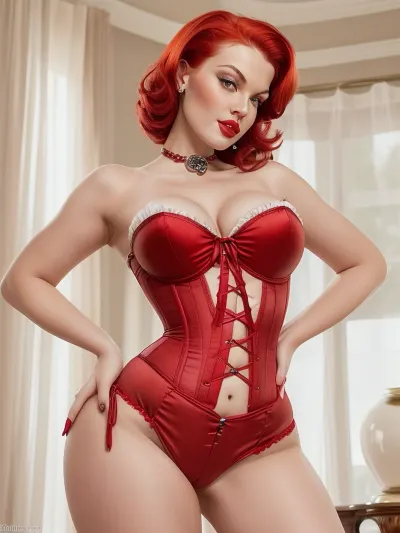Ultra realistic, High Definition, Showing full body, pin up babe she has bright red hair, big reast's that are popping out of her corset she is skinny, slim waist, very slim waist, she has a narrow face with large breast's and a large round ass. arching her back