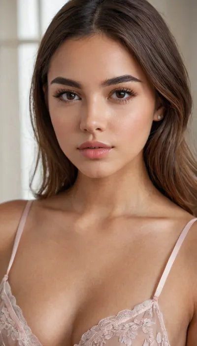 college student and she wears erotic negligee with stockings and higheels. Full-lenght photo, standing in luxurious badroom, Realistic 18yo woman with an oval-shaped face, soft and smooth contours, and a light, even complexion. Her skin is clear, without blemishes, with subtle shading around the cheeks and nose. She has medium-thick, dark brown eyebrows, slightly arched in a natural shape, giving her a calm and neutral expression. Almond-shaped, light brown eyes with naturally medium-length lashes. The nose is straight and proportionate with a soft bridge and a slightly rounded tip.
Her lips are medium-full, light pink, with a defined Cupid’s bow on the upper lip and a slightly fuller lower lip. She has a neutral, closed-mouth expression. Dark brown hair, ((petite figure)), (very narrow waist)