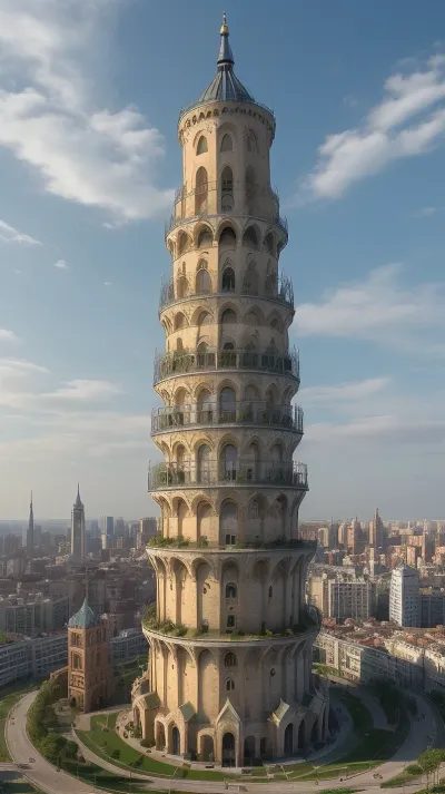 complex of six tower shaped buildings, disposed with a Main conic tower, 40 meters high, with six floors. sorrounded by five circular towers 20 meters high disposed arround the main tower on a star formation and conected by bridges on the first floor.