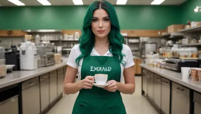photo, photorealistic, 1 sexy long dark green hair, (small, tiny a cup breast), wearing a green apron with a name tag that says Emerald on it and green stiletto heels on her feet standing in the aisle serving coffee