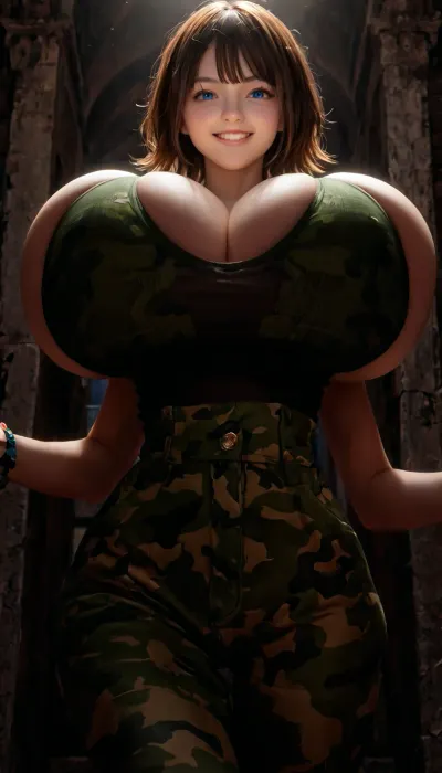masterpiece, best quality, anime, 8k, (gigantic_breasts:1.5), detailed, lots of details, solo girl, alone, solo, (smirk:1.2), young woman with, (blue eyes:1.2), and brown hair wearing detailed, ((black:1.2), camo tanktop:1.2), and olive baggy pants, has a slim waist, standing outdoors in front of a barrack, happy, close up shot, brown hair, absurdly short hair, slim waist, small waist, young girl, young woman, nicorima, fully clothed, thick thighs, wide hips, (front facing, facing front, facing forward), giga_busty, <lora:Nicorima Style:.5>, <lora:a564d191f172bbc79c858b9d6ec6c50f:1>