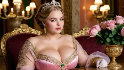 (masterpiece, best quality, highres, photorealistic), an 18-year-old Princess Irina from The Nutcracker, (fat bbw:1.2), and the Four Realms, bent over and engaged in intense lesbian Cunnilingus, her delicate and elegant features flushed deeply with arousal and submission, (wide expressive emerald-green eyes:1.3), detailed with reflective highlights, (long curled dark eyelashes:1.2), (delicately arched golden eyebrows:1.2), smooth porcelain-white skin glowing softly under the ambient golden light, (plump glossy pink lips stretched:1.3), her refined and noble expression twisted with pleasure and intensity, her golden blonde hair in a disheveled royal updo, a delicate crystal tiara slightly tilted as she is used simultaneously, her luxurious opulent gold and white gown embroidered with intricate floral patterns completely lifted, the corset tightly accentuating her, (large, fat, massive breasts:1.3), her soft, elegant gloves gripping the edge of an ornate gilded banquet table, her elegant curves accentuated by the candlelit glow of the lavish royal ballroom, towering golden chandeliers casting soft light, the polished marble floor reflecting the flickering candlelight, grand arched windows framed with velvet drapes, ornate floral arrangements adding a regal contrast to the raw scene, the intricate carvings on the banquet table indented beneath her grasping fingers, ultra-detailed textures of skin, fabric, and marble, cinematic composition, smooth focus, realistic depth, HDR, natural and balanced tones, avoiding excessive contrast while maintaining lifelike realism, capturing the elegance and raw intensity of the moment., <lora:add-detail-xl:1>
