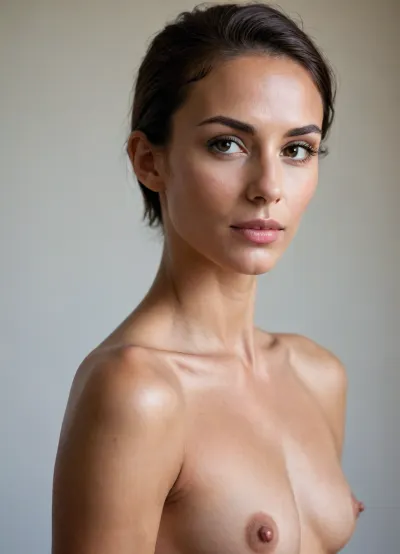 nude woman, half portrait, half profile, (tall masculine androgynous tanned beautiful very fit body skinny, high forehead, low cheek bones, narrow face, long narrow nose, wide mouth, very full lips, open lips, long slim neck), (40 years old), cold light, bright atmosphere, no shadows, direct light, warm cute face, slicked back hair, 4ng3l, face, dark, skin, High-key, lighting, Style, bright, light, <lora:SDXL_BetterFaces-LoRA_v1:.5>, <lora:Darker_skin_SDXL:1>, <lora:High-key lighting Style:.5>