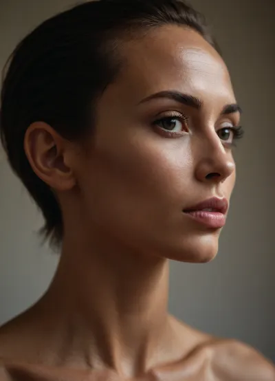 nude woman, half portrait, half profile, (tall masculine androgynous tanned beautiful very fit body skinny, high forehead, low cheek bones, narrow face, long narrow nose, wide mouth, very full lips, open lips, long slim neck), (40 years old), cold light, bright atmosphere, no shadows, direct light, warm cute face, pulled back hair, 4ng3l, face, dark, skin, High-key, lighting, Style, bright, light, <lora:SDXL_BetterFaces-LoRA_v1:.5>, <lora:Darker_skin_SDXL:1>, <lora:High-key lighting Style:.5>