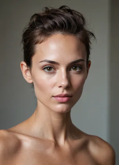 nude woman, half portrait, half profile, (tall masculine androgynous tanned beautiful very fit body skinny, high forehead, low cheek bones, narrow face, long narrow nose, wide mouth, very full lips, open lips, long slim neck), (40 years old), cold light, bright atmosphere, no shadows, direct light, warm cute face, pulled back hair, 4ng3l, face, dark, skin, High-key, lighting, Style, bright, light, <lora:SDXL_BetterFaces-LoRA_v1:.5>, <lora:Darker_skin_SDXL:1>, <lora:High-key lighting Style:.5>