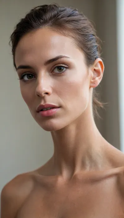 nude woman, half portrait, half profile, (tall masculine androgynous tanned beautiful very fit body skinny, high forehead, low cheek bones, narrow face, long narrow nose, wide mouth, very full lips, open lips, long slim neck), (40 years old), cold light, bright atmosphere, no shadows, direct light, warm cute face, pulled back hair, 4ng3l, face, dark, skin, High-key, lighting, Style, bright, light, <lora:SDXL_BetterFaces-LoRA_v1:.5>, <lora:Darker_skin_SDXL:1>, <lora:High-key lighting Style:.5>