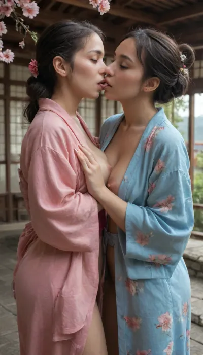 3/4 view, 2 Asian woman wearing an, ((open kimono)), kissing each other, (French kiss), perfect tongue, on a inner courtyard, under a Chinese pavilion, at dawn, rising sun on the background, Japanese flower cherry flowers fleeing on the wind, perfect hands, perfect fingers, perfect nails, perfect vagina, (((realistic face))), realistic eyes, detailed eyes, freckles, perfect mouth, visible boobs, visible ass, niptips, closed eyes, no make up, visible vagina, {{{intricately detailed}}}, Japanese, Garden, liqin, <lora:RealDownblouseXL2:.9>, <lora:JJsJapaneseGarden_XL:1.4>, <lora:liqin_SDXL:1.4>